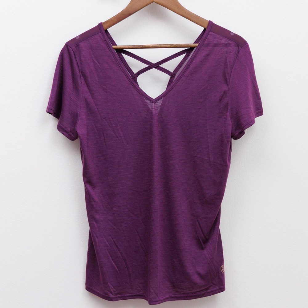 Balance Collection Womens Purple Strappy V-Neck Mesh Back Activewear Top Large